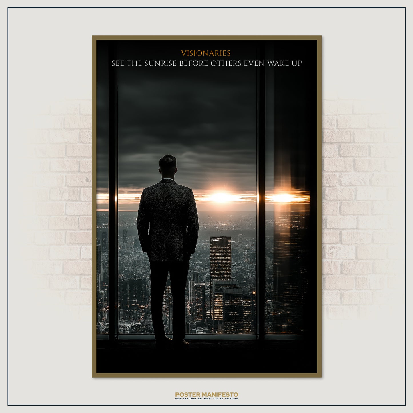 Elegant motivational poster showing a leader at sunrise, symbolizing foresight and ambition in business.