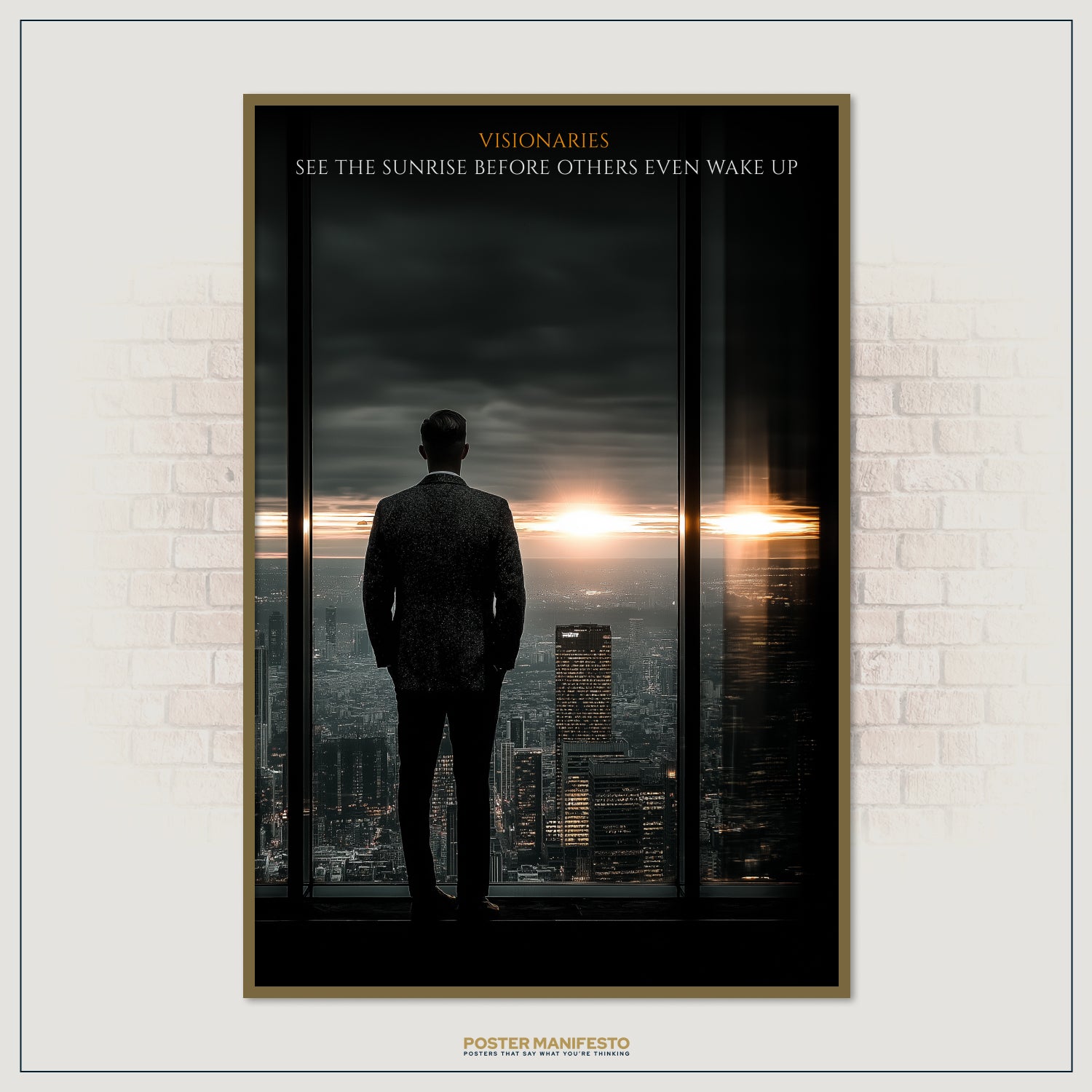 Elegant motivational poster showing a leader at sunrise, symbolizing foresight and ambition in business.