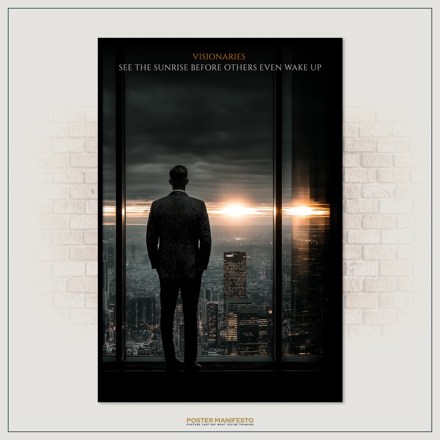 Poster of a silhouette standing in front of a cityscape with a sunrise, framed against a brick wall.