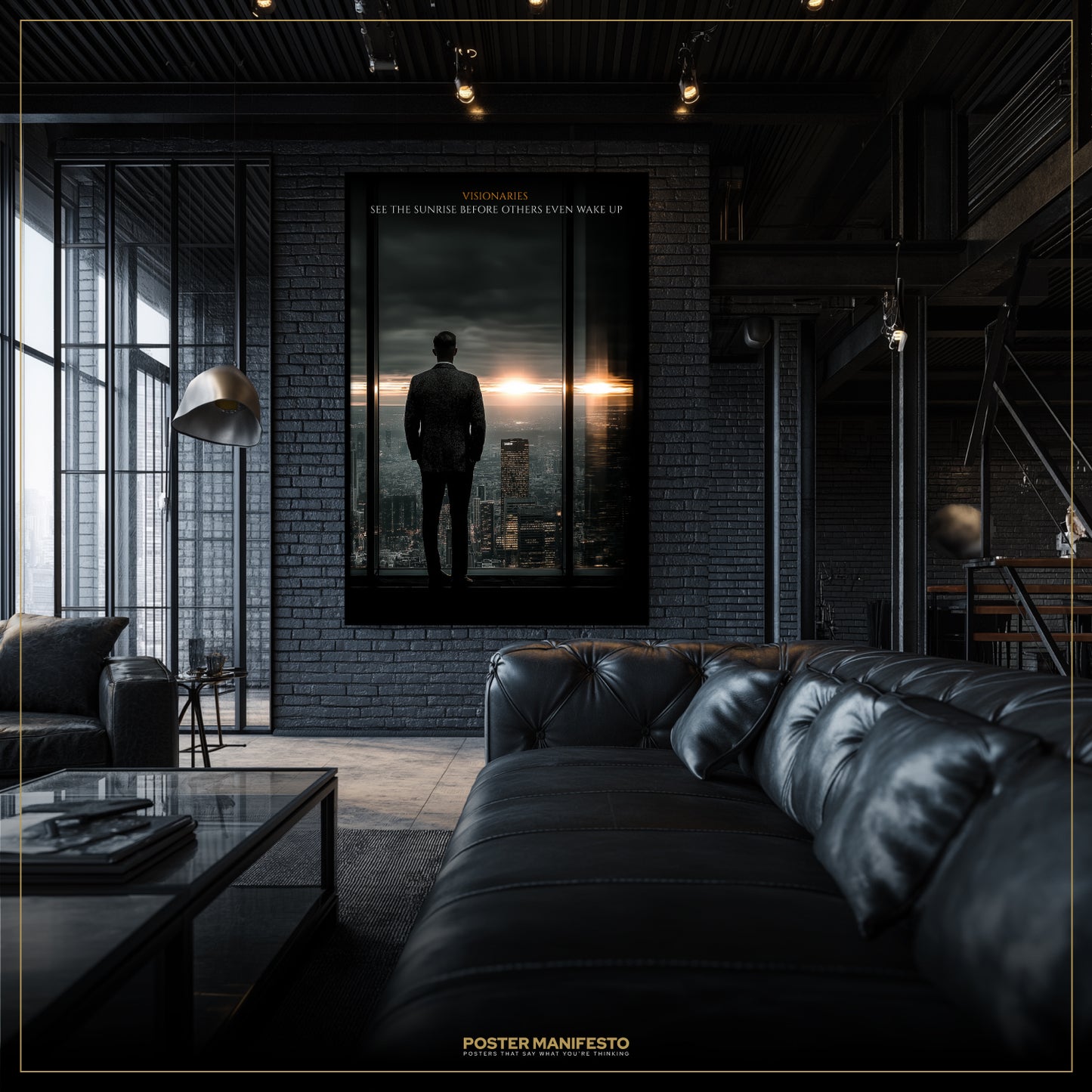 Modern living room with a large framed poster on the wall, featuring a silhouette against a sunset cityscape.