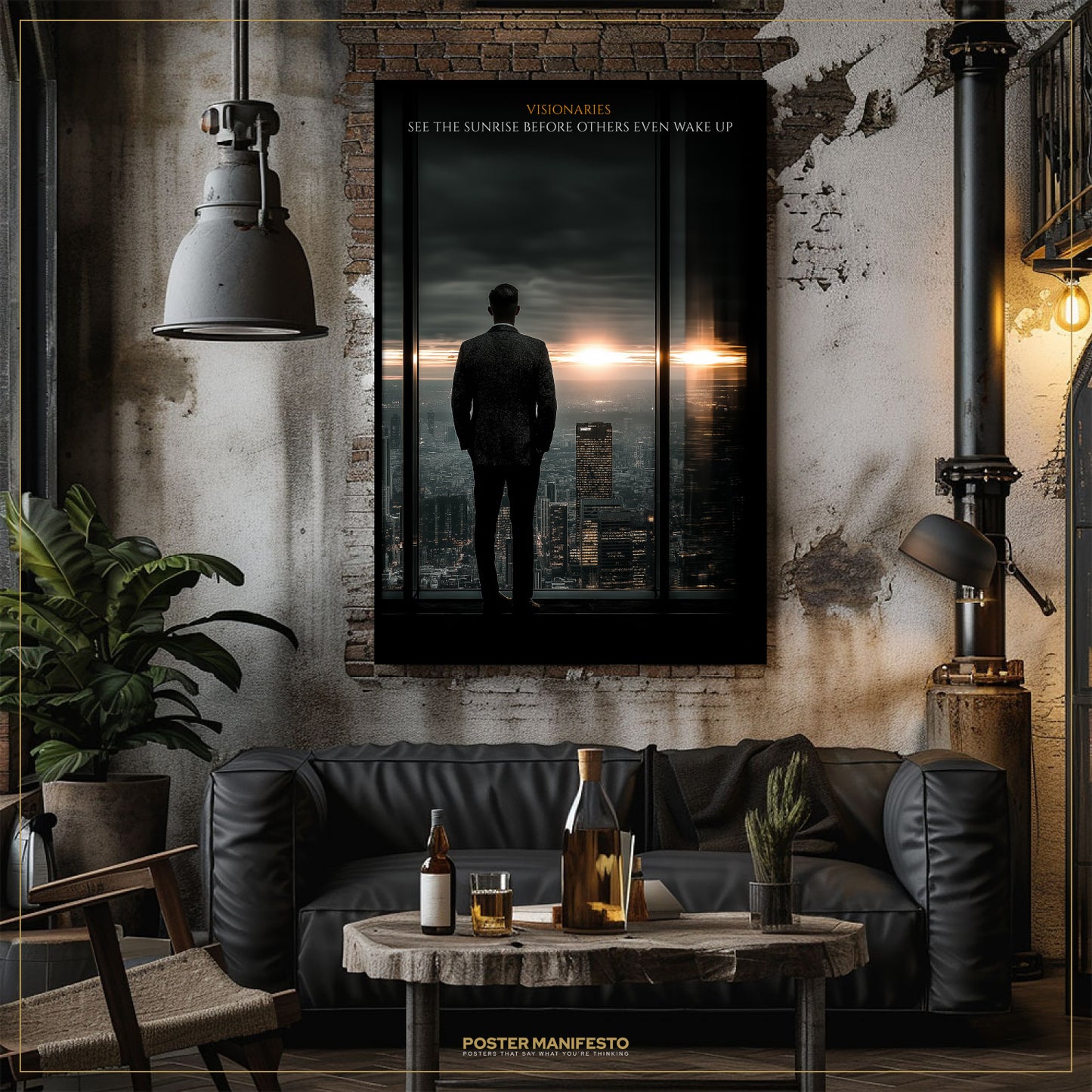 Modern living room with a dark sofa, wooden coffee table, and wall art.