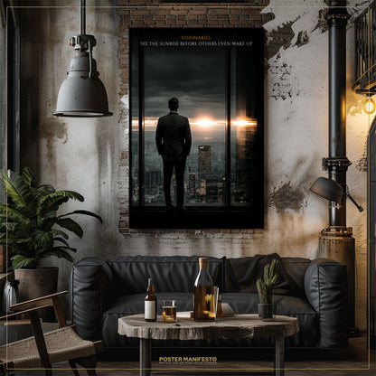 Modern living room with a dark sofa, wooden coffee table, and wall art.