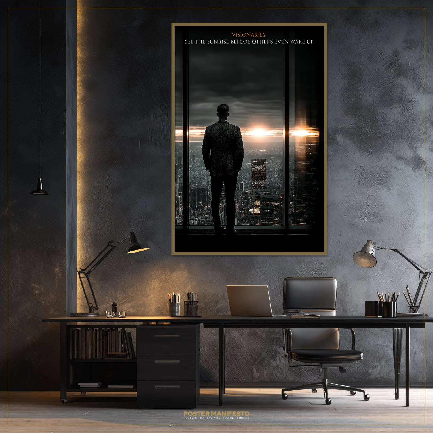 Modern office interior with a large framed poster of a silhouette against a city skyline.