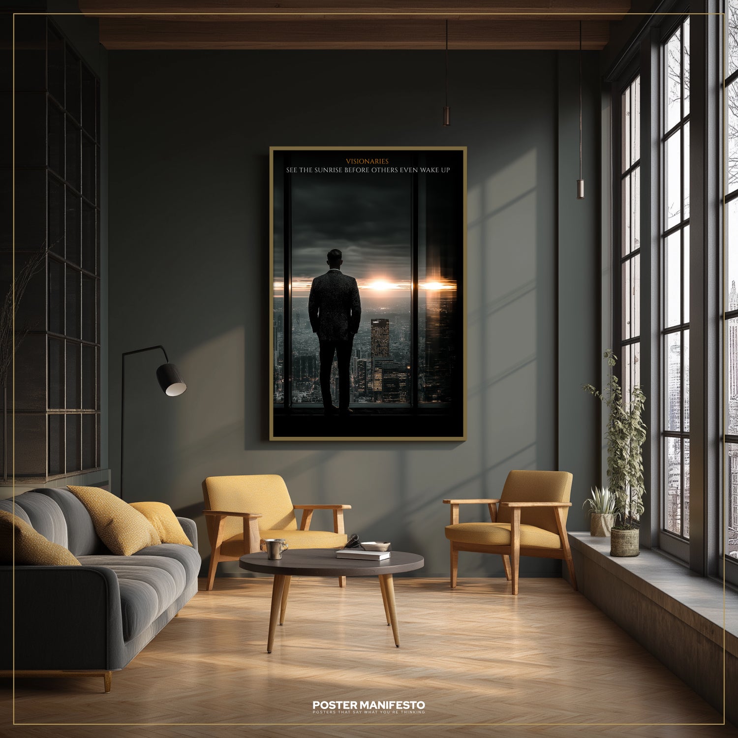 Modern living room with a large framed poster on the wall, featuring a silhouette of a person against a cityscape.