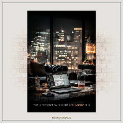 Inspirational wall art showing a luxurious office at night with city lights, symbolizing hustle and ambition.