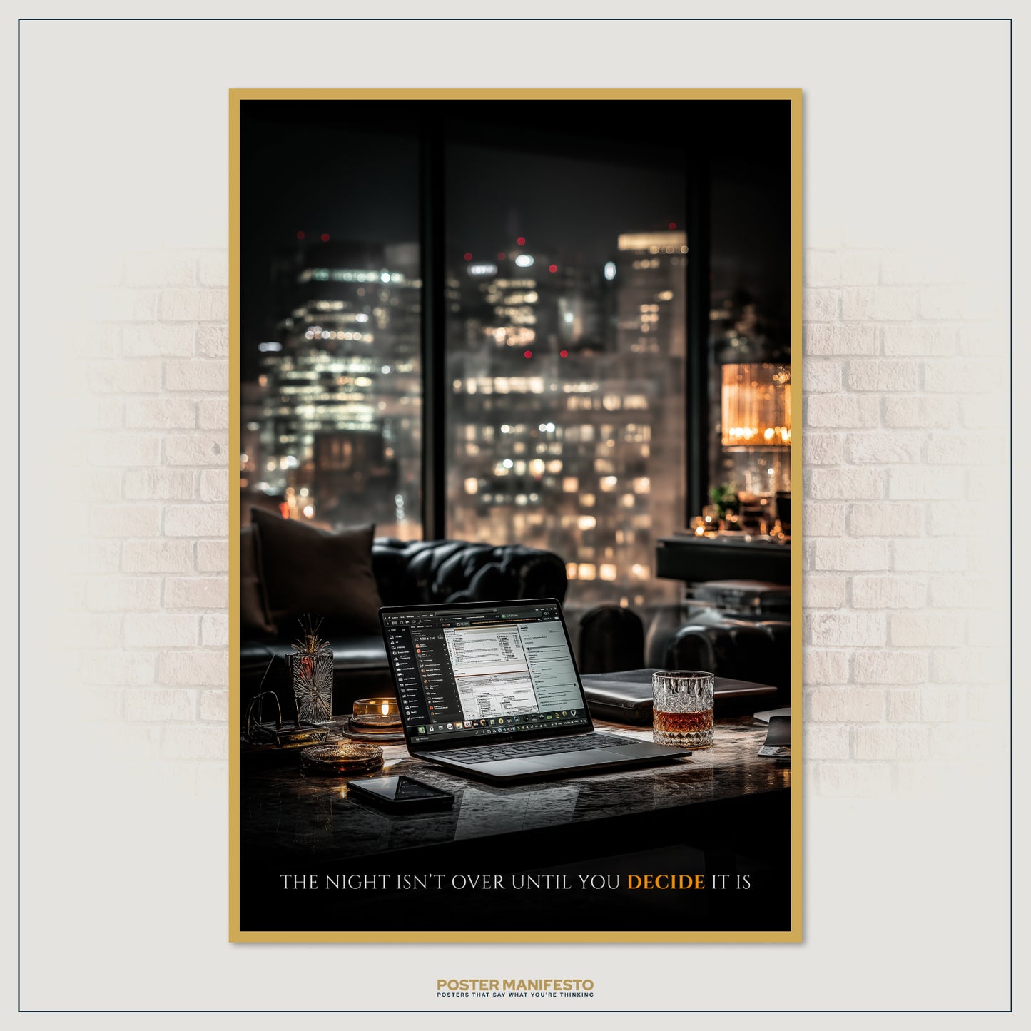 Entrepreneur motivational poster featuring late-night work on a laptop with whiskey glasses and a success quote.