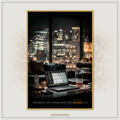Entrepreneur motivational poster featuring late-night work on a laptop with whiskey glasses and a success quote.