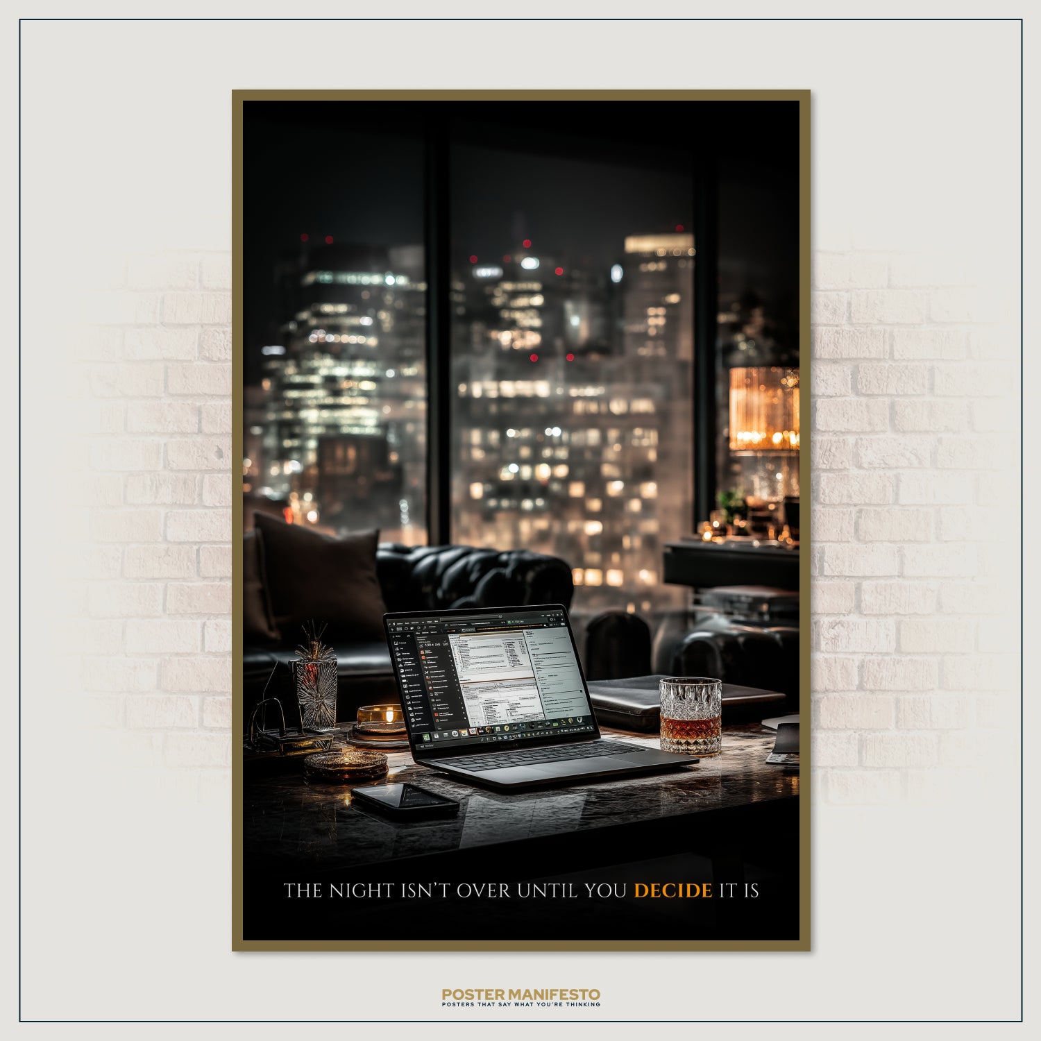 Elegant motivational poster featuring a late-night work setup with glowing city lights, perfect for hustlers and entrepreneurs.