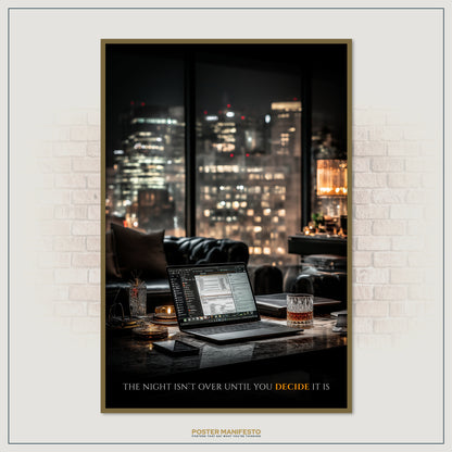 Elegant motivational poster featuring a late-night work setup with glowing city lights, perfect for hustlers and entrepreneurs.