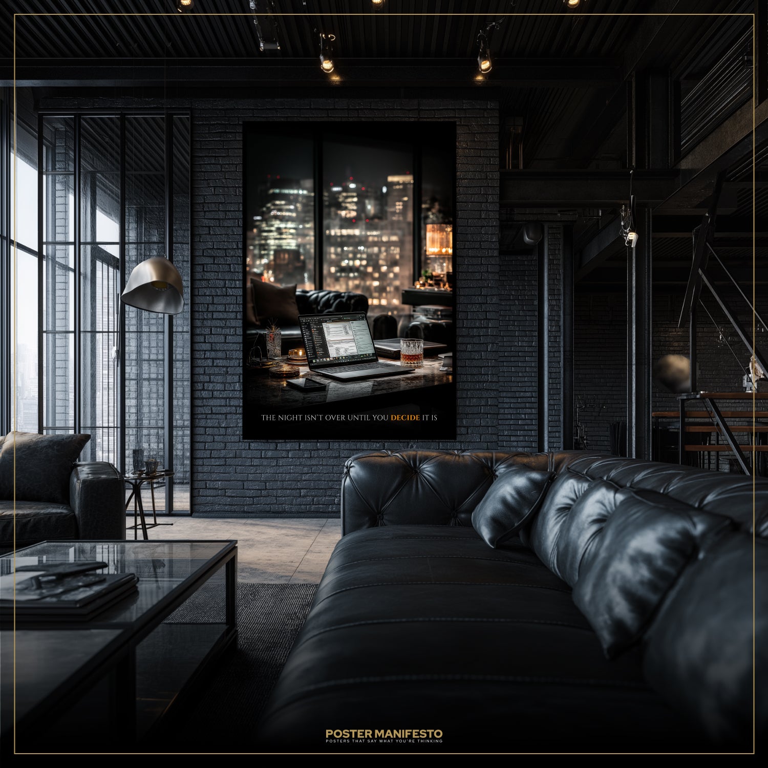 Modern living room with a large black leather sofa, glass coffee table, and cityscape poster on brick wall.