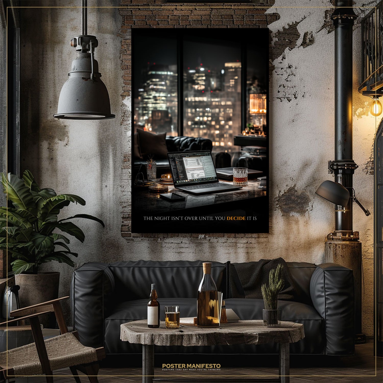 Modern living room with a large framed poster on the wall, featuring a cityscape at night.