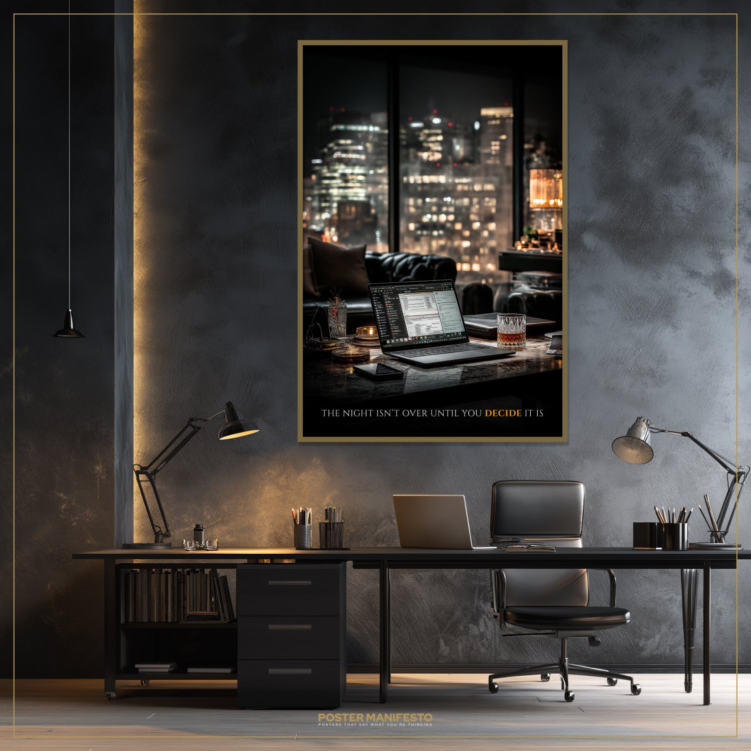 Modern office setup with a desk, chairs, and a large framed poster on the wall.