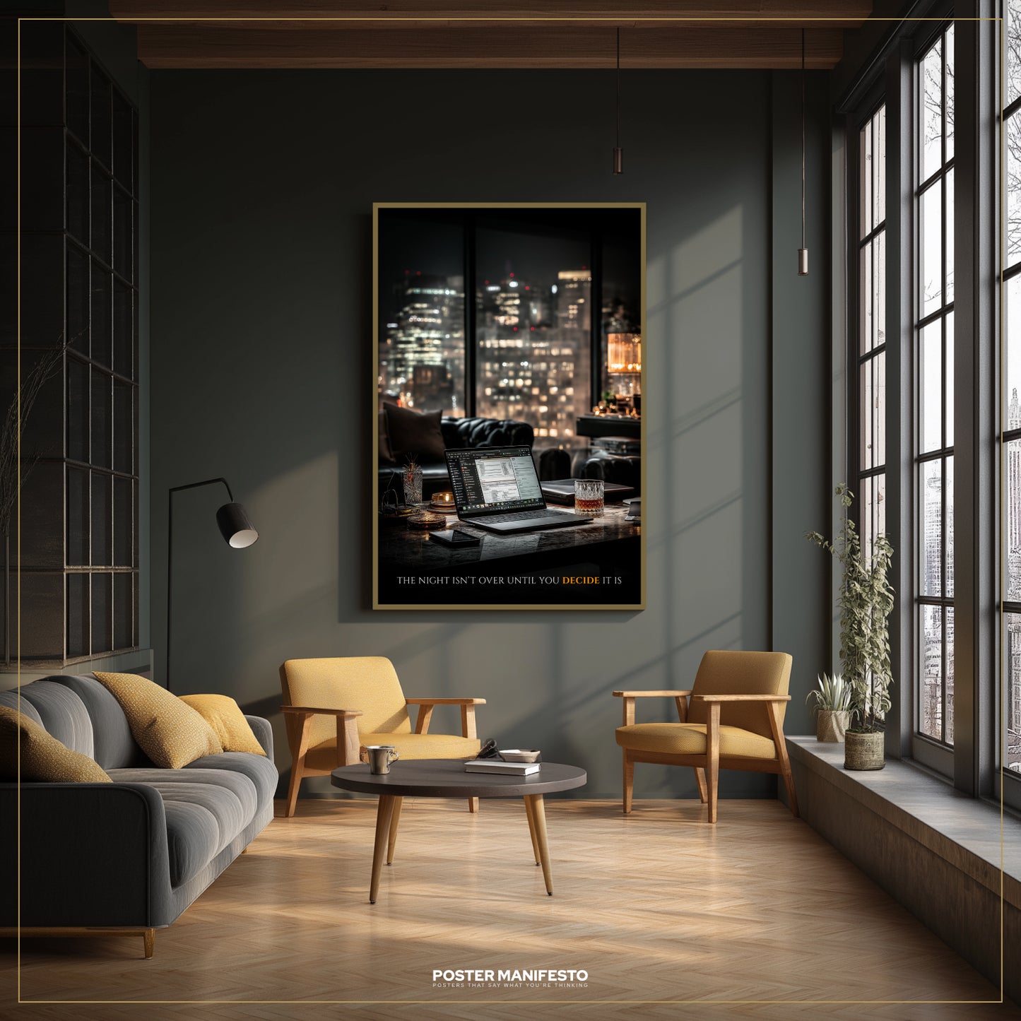 Modern living room with a large window, gray sofa, and yellow armchair.