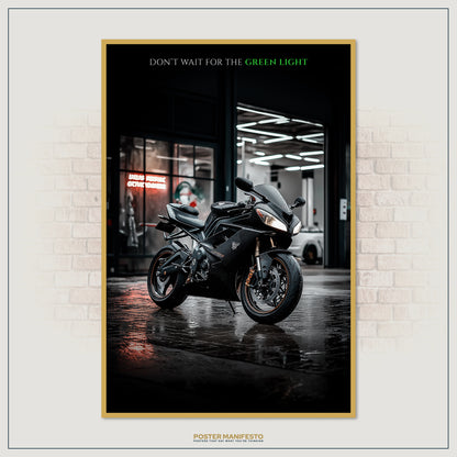 Motorcycle motivational artwork with a city backdrop, perfect for entrepreneurs and hustlers.