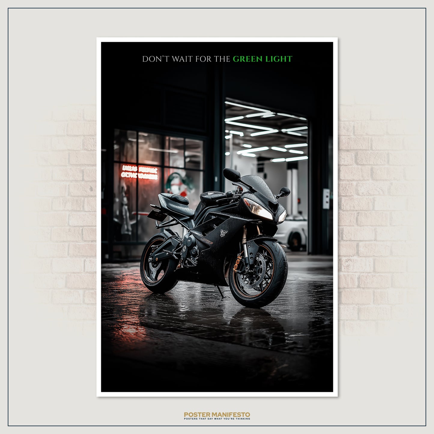 Motivational wall décor featuring a modern sportbike under lights, representing speed and ambition.