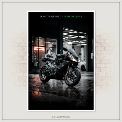 Motivational wall décor featuring a modern sportbike under lights, representing speed and ambition.