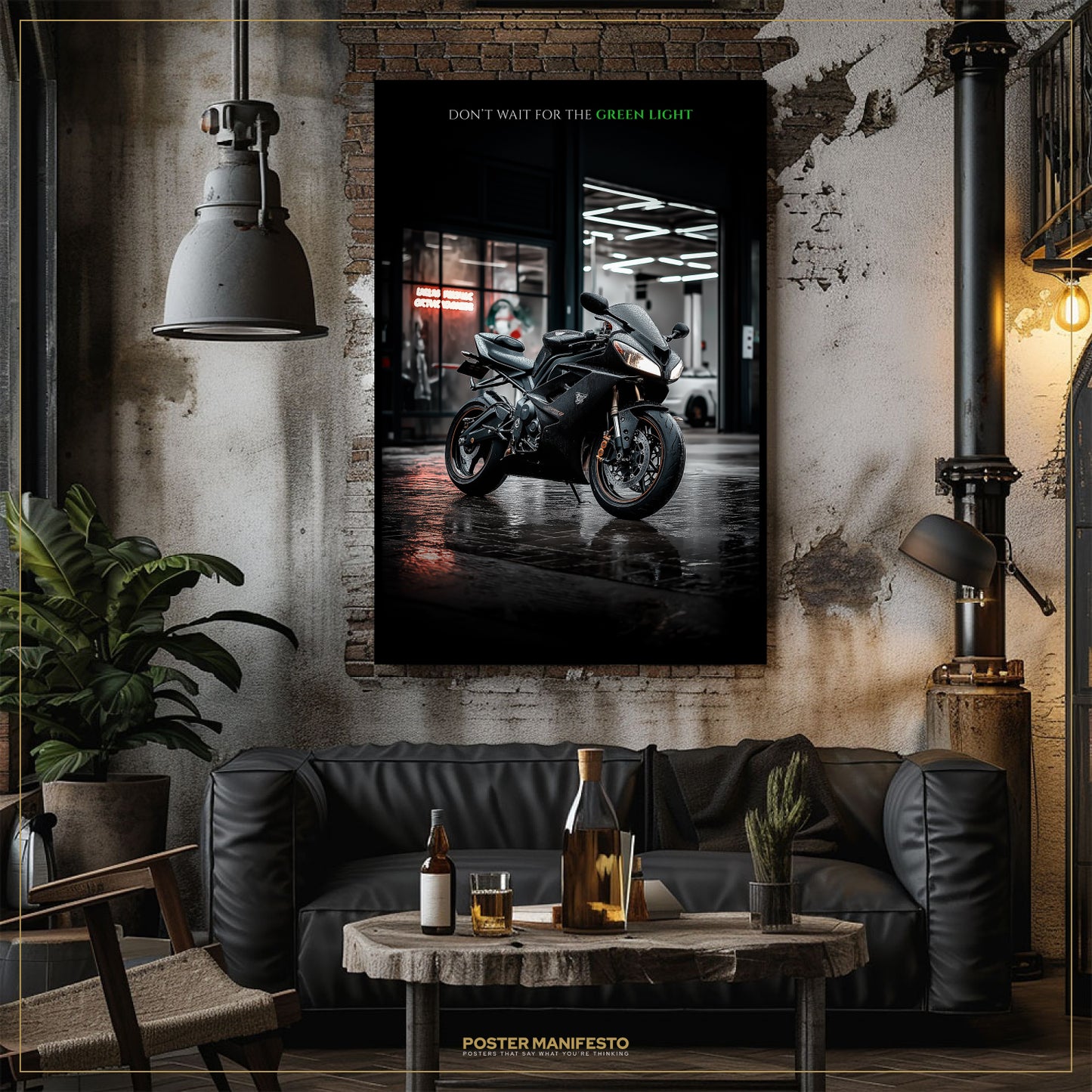 Living room with a black leather sofa, wooden coffee table, and a motorcycle poster on the wall.