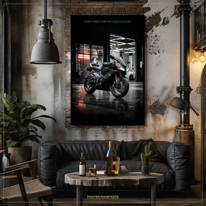 Living room with a black leather sofa, wooden coffee table, and a motorcycle poster on the wall.