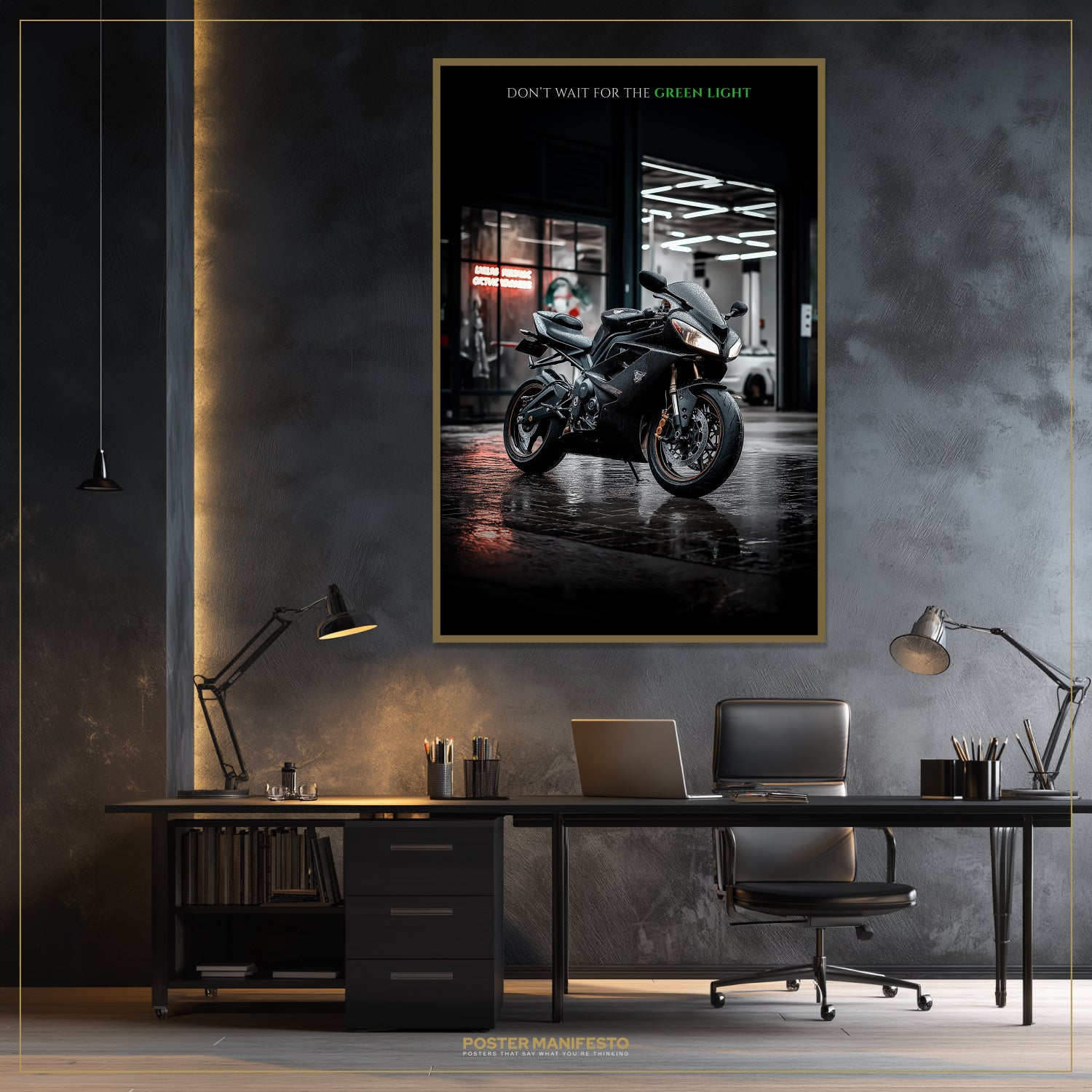 Modern office setup with a motorcycle poster on the wall.