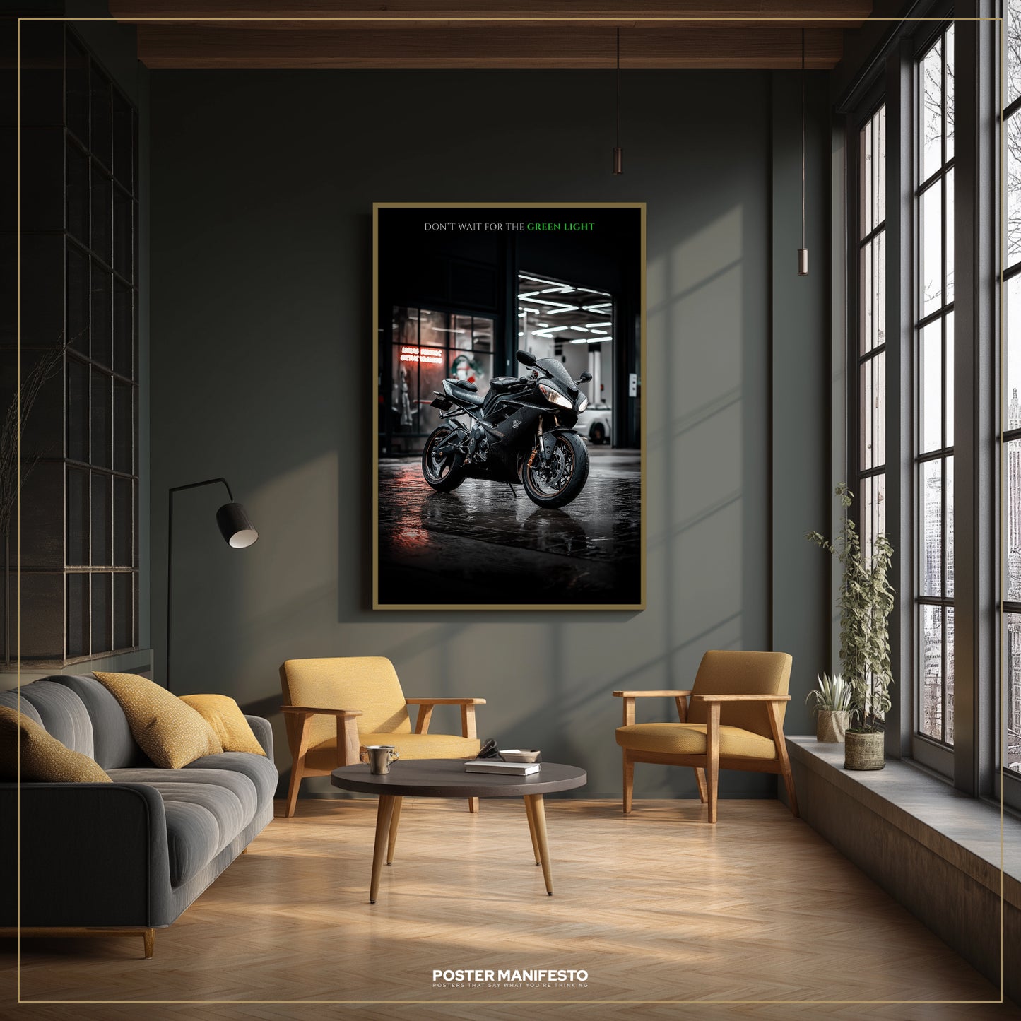 Modern living room with a motorcycle poster on the wall