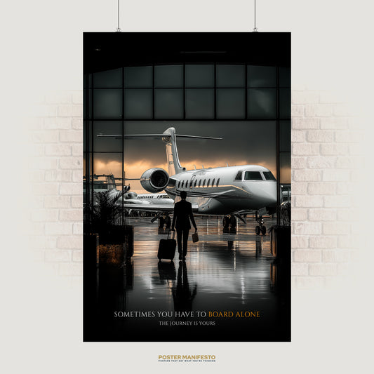 Motivational poster showing a businessman walking toward a private jet with the quote “Sometimes you have to board alone.”
