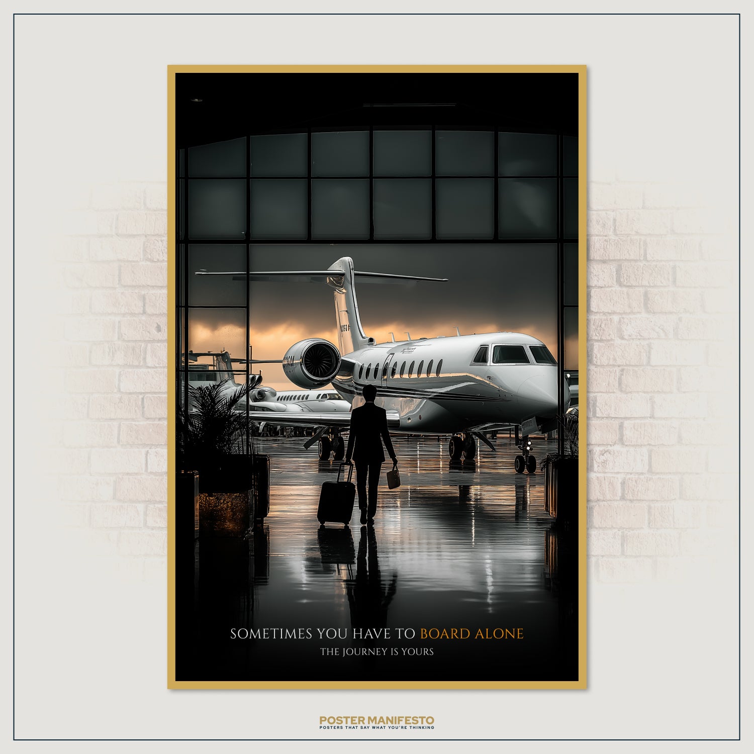 Luxury motivational poster with a traveler boarding a jet, perfect for entrepreneurs and leaders.