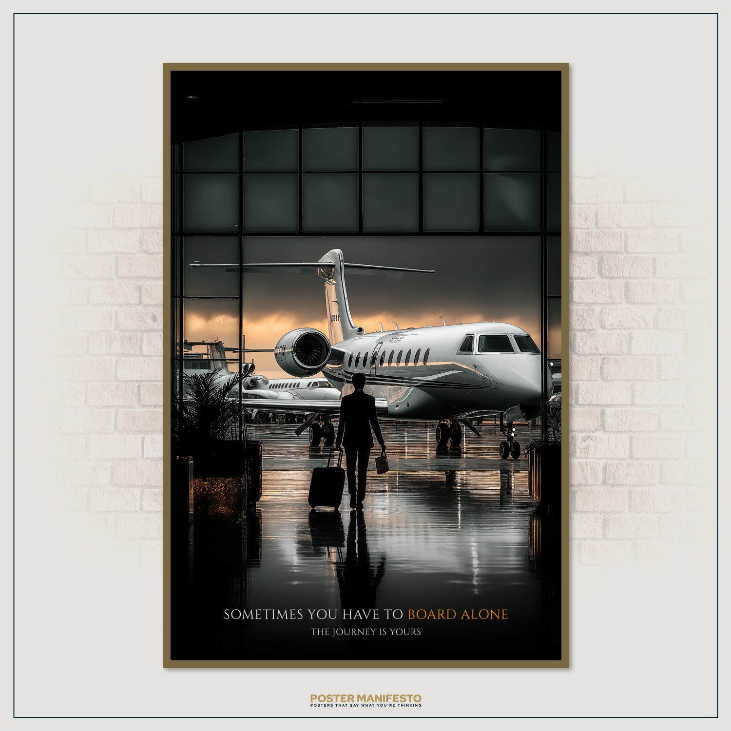 Elegant motivational décor with a man walking toward his private jet, embodying determination and vision.