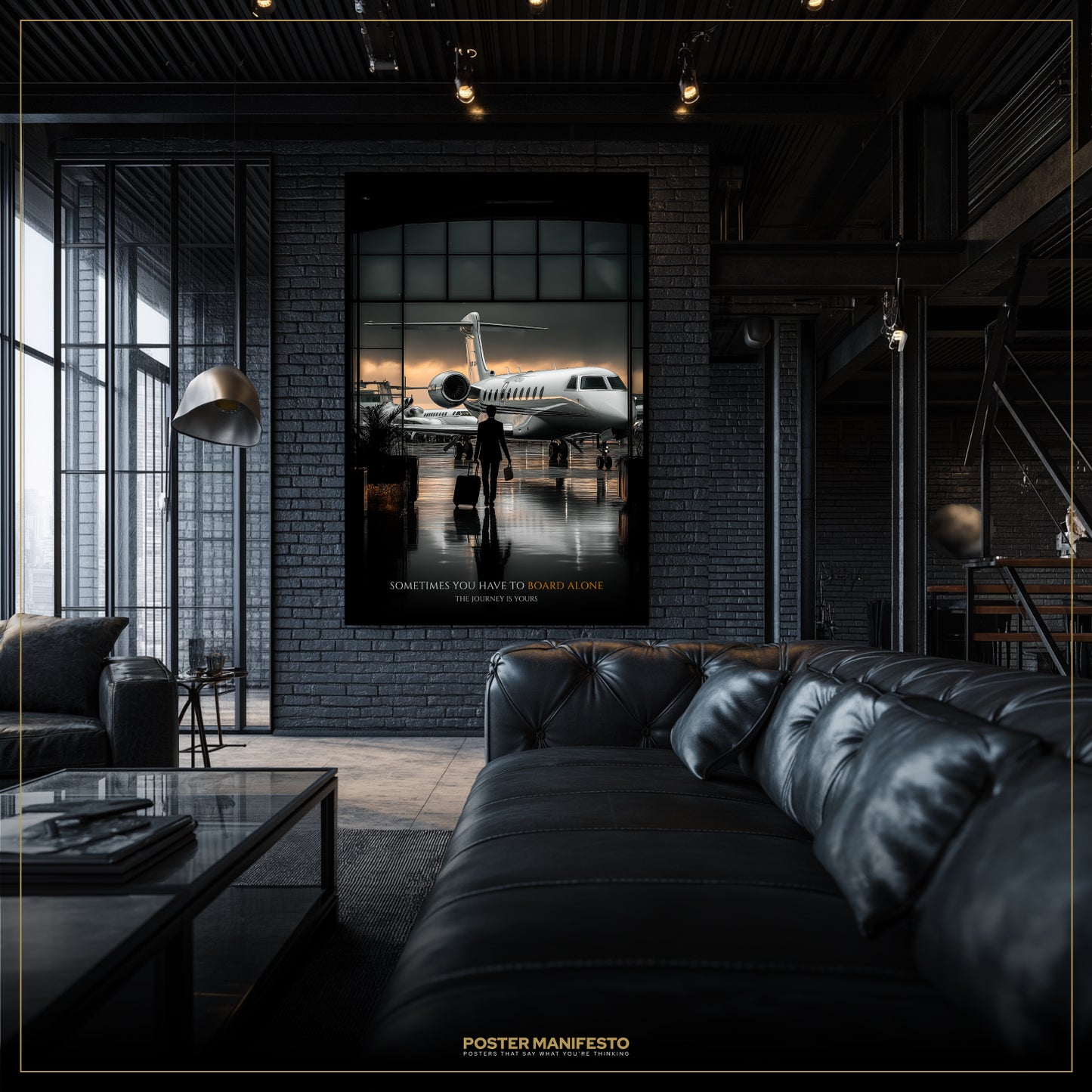 Modern living room with a large airplane poster on the wall.