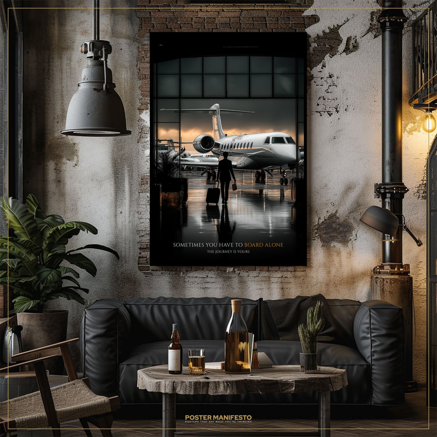 Living room with a black leather sofa, wooden coffee table, and airplane poster on the wall.