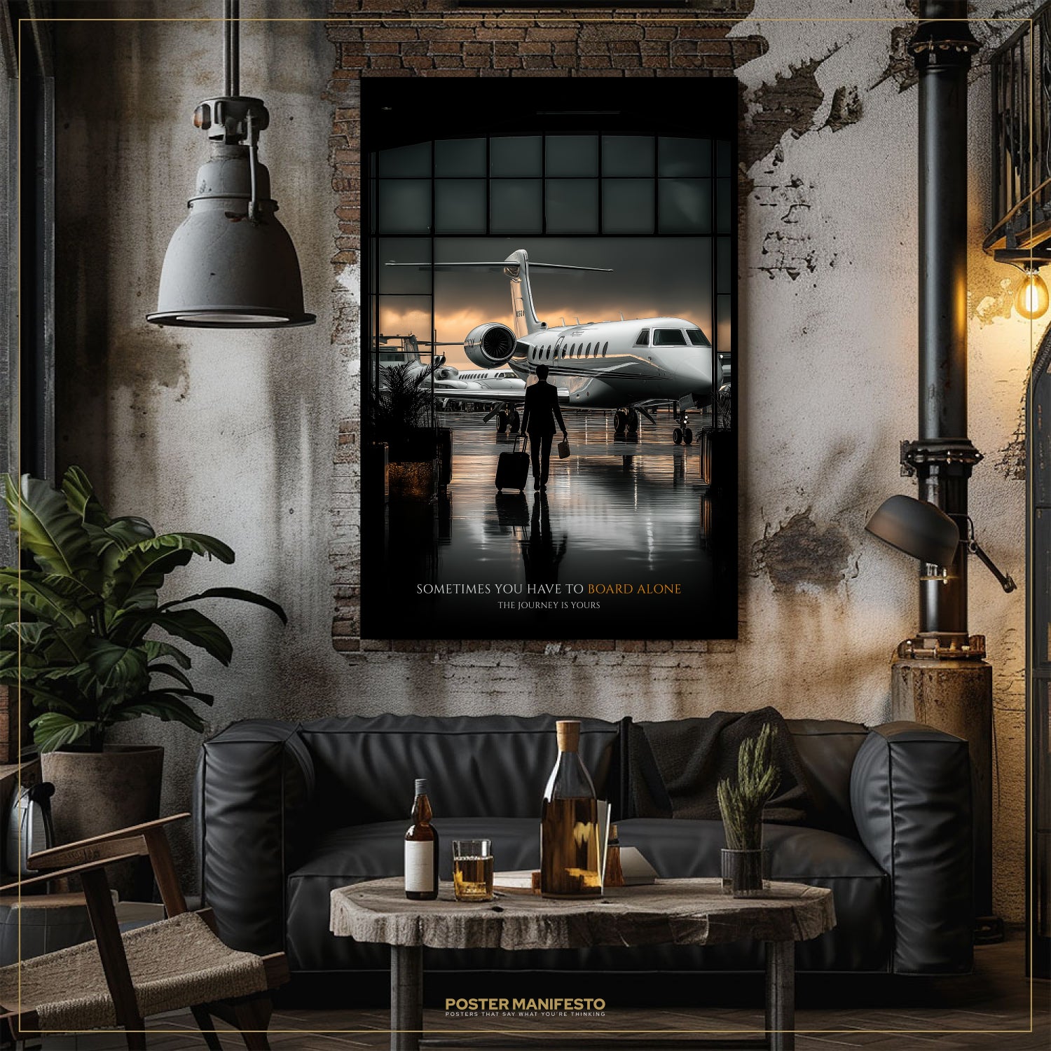 Living room with a black leather sofa, wooden coffee table, and airplane poster on the wall.
