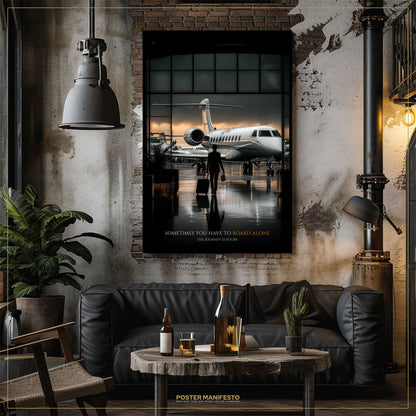 Living room with a black leather sofa, wooden coffee table, and airplane poster on the wall.