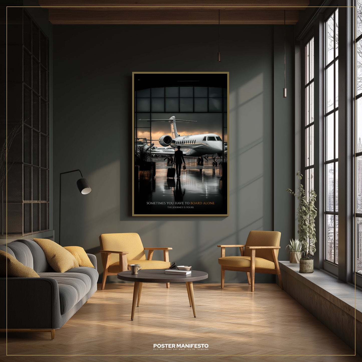 Modern living room with a large framed poster of an airplane on a dark wall.