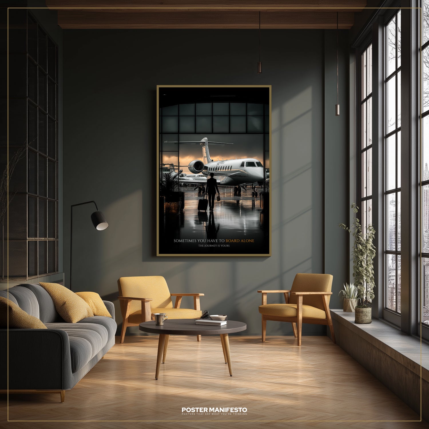 Modern living room with a large framed poster of an airplane on a dark wall.
