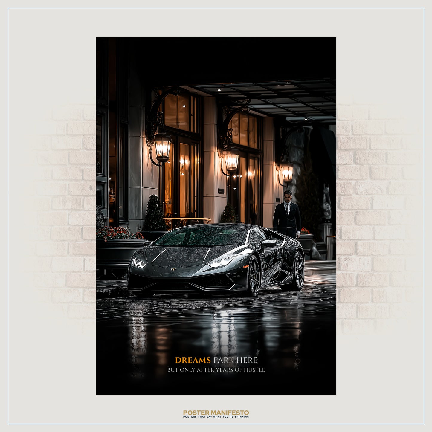 Luxury inspirational wall art featuring a sleek sports car and motivational lifestyle quote.