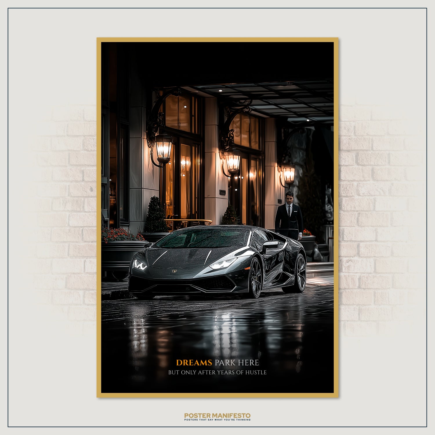 Hustle-themed décor with a Lamborghini symbolizing ambition and achievement.