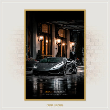 Hustle-themed décor with a Lamborghini symbolizing ambition and achievement.