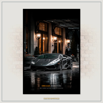 Sleek black sports car parked in front of a building with decorative lights.