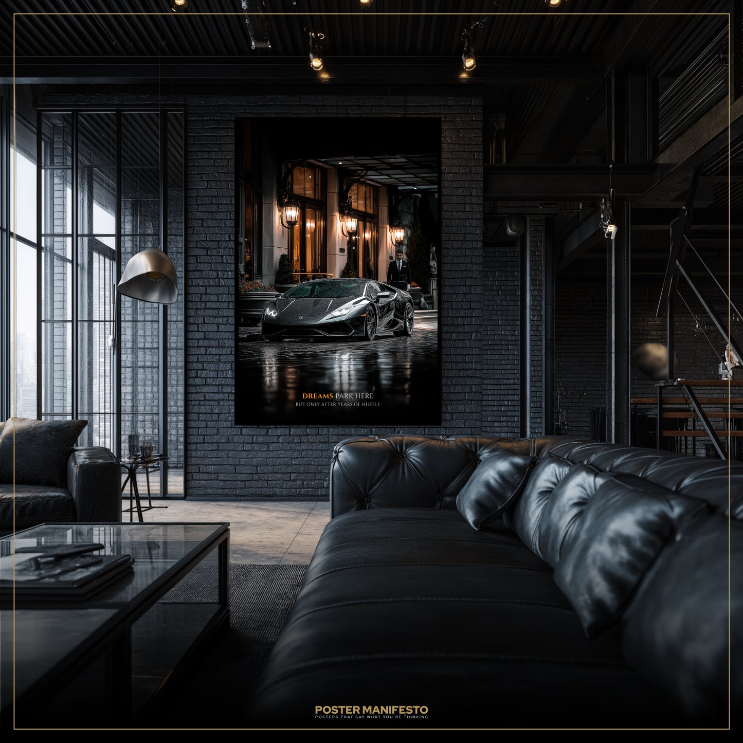 Modern living room with a black leather sofa and a large framed picture of a car on the wall.