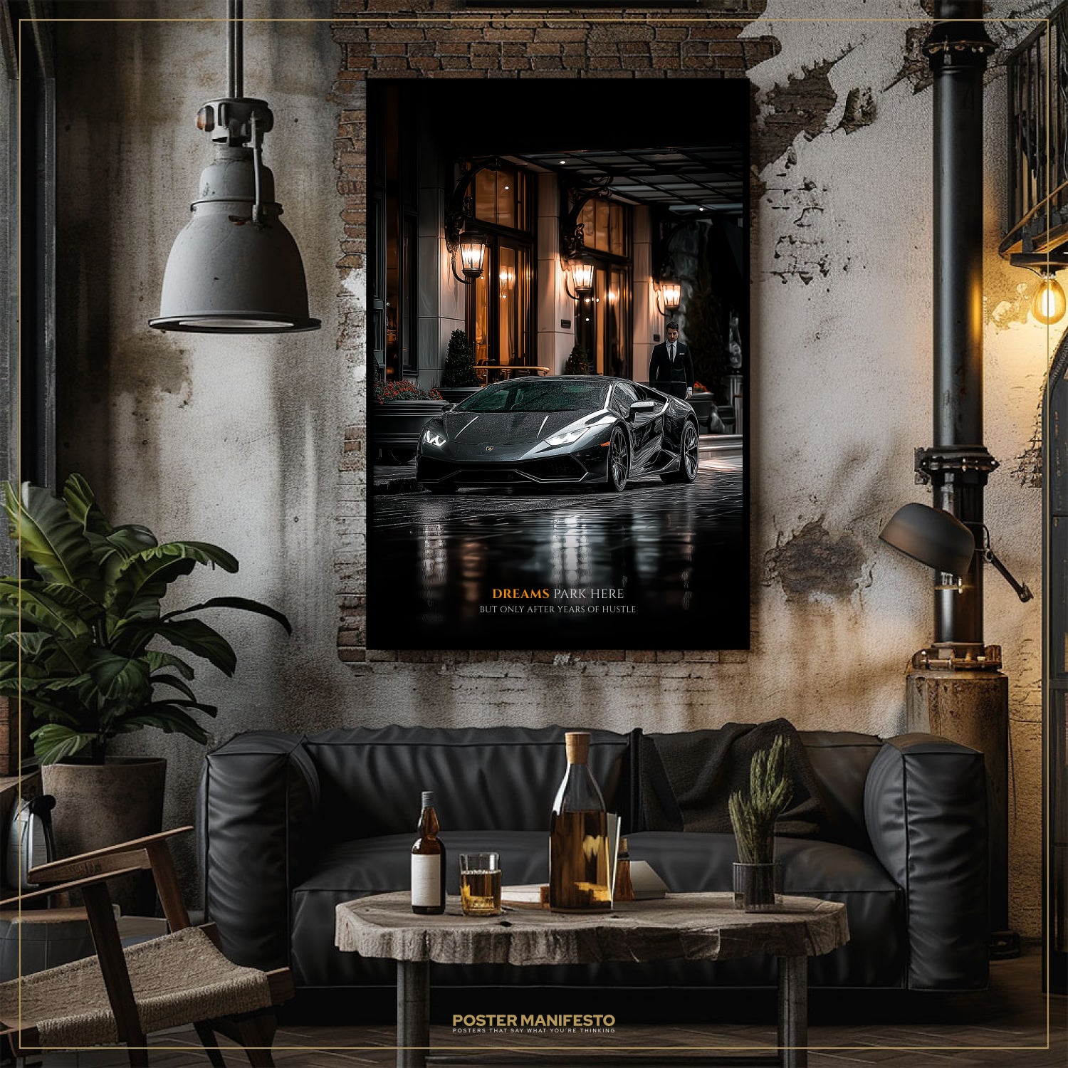 Modern living room with a black leather sofa, wooden coffee table, and a large framed poster of a car on the wall.