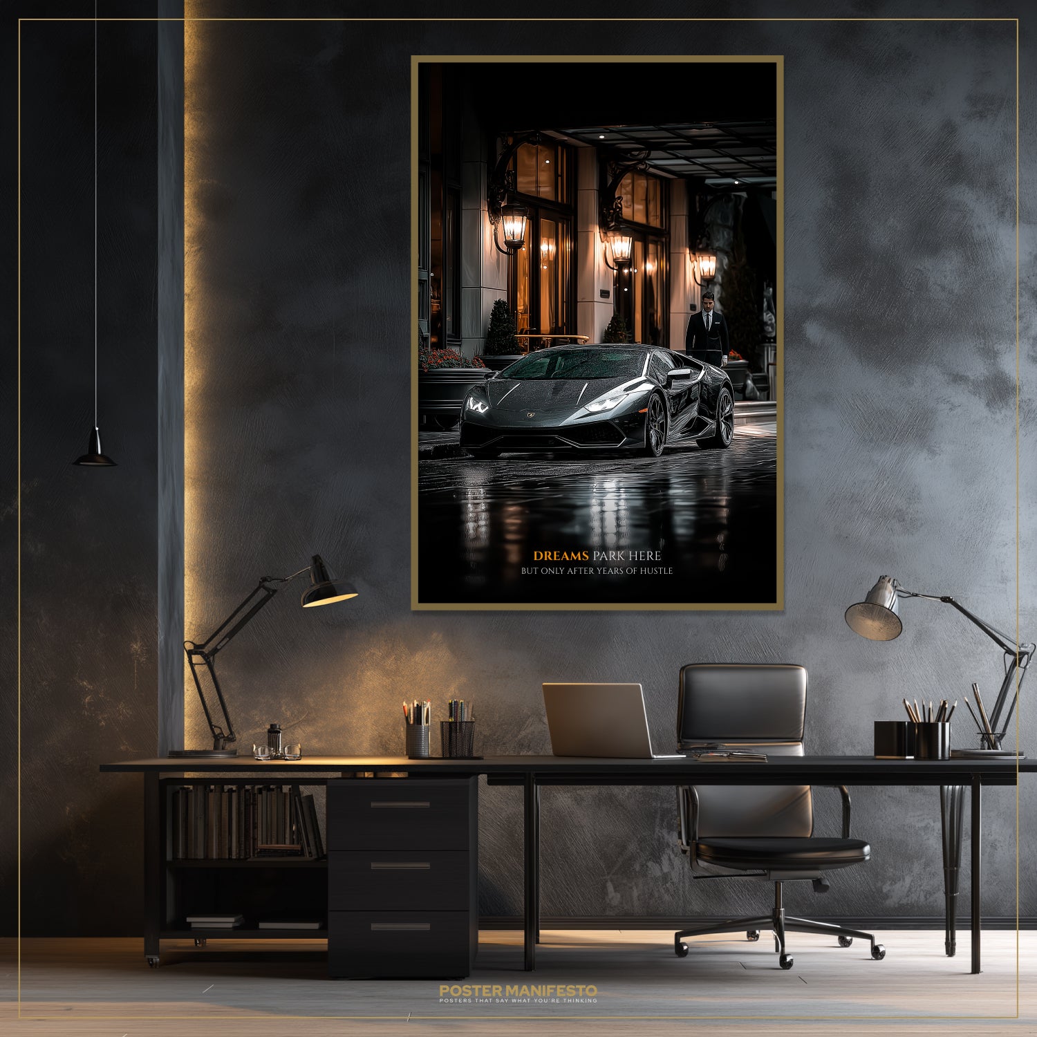 Modern office setup with a framed poster of a sports car on a dark wall.