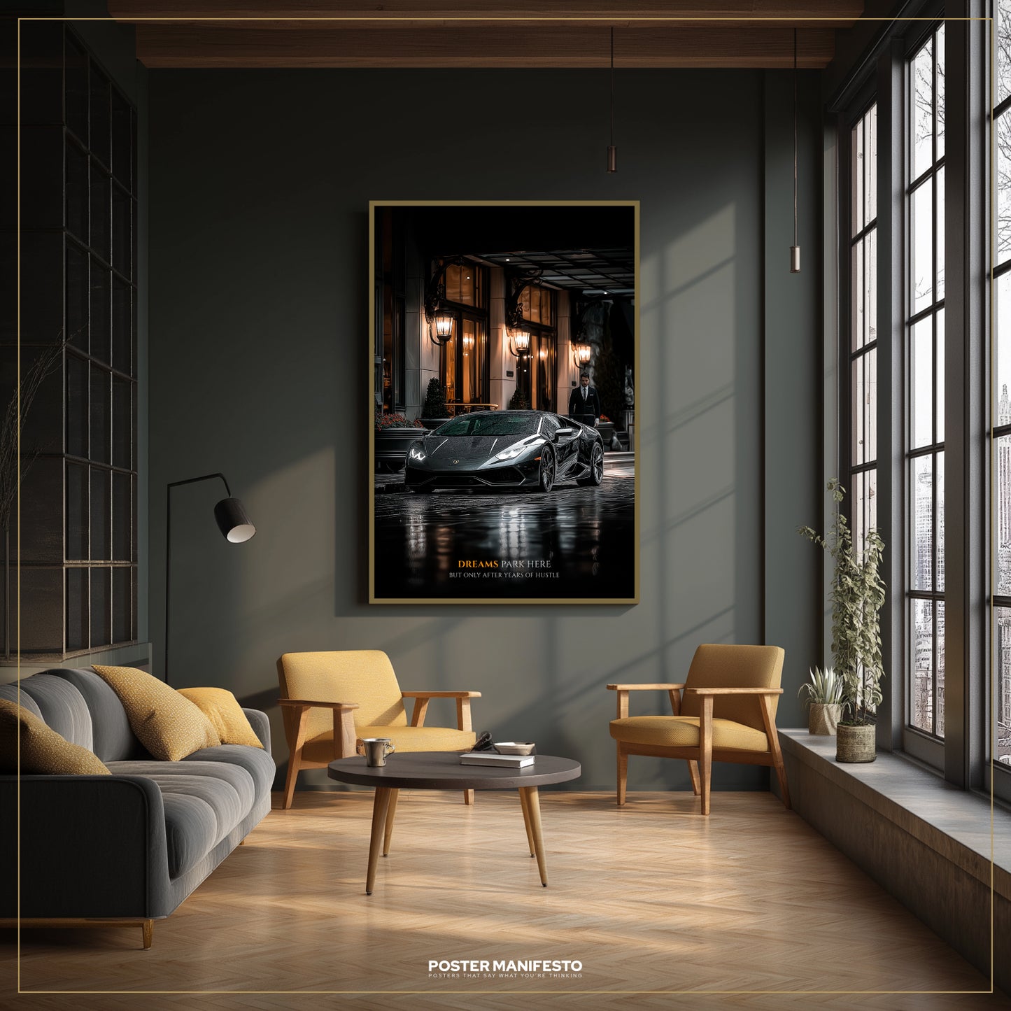 Modern living room with a car poster on the wall, gray sofa, and wooden coffee table.