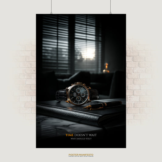 Motivational poster featuring a luxury black and gold watch on a leather notebook with a golden pen, paired with the inspiring quote “Time Doesn’t Wait – Why Should You?”, symbolizing urgency, success, and decisive action.