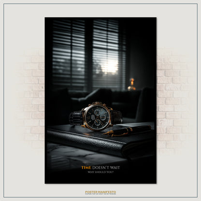 Poster with a watch on a leather surface, text 'Time Doesn't Wait', and 'Poster Manifesto' branding.