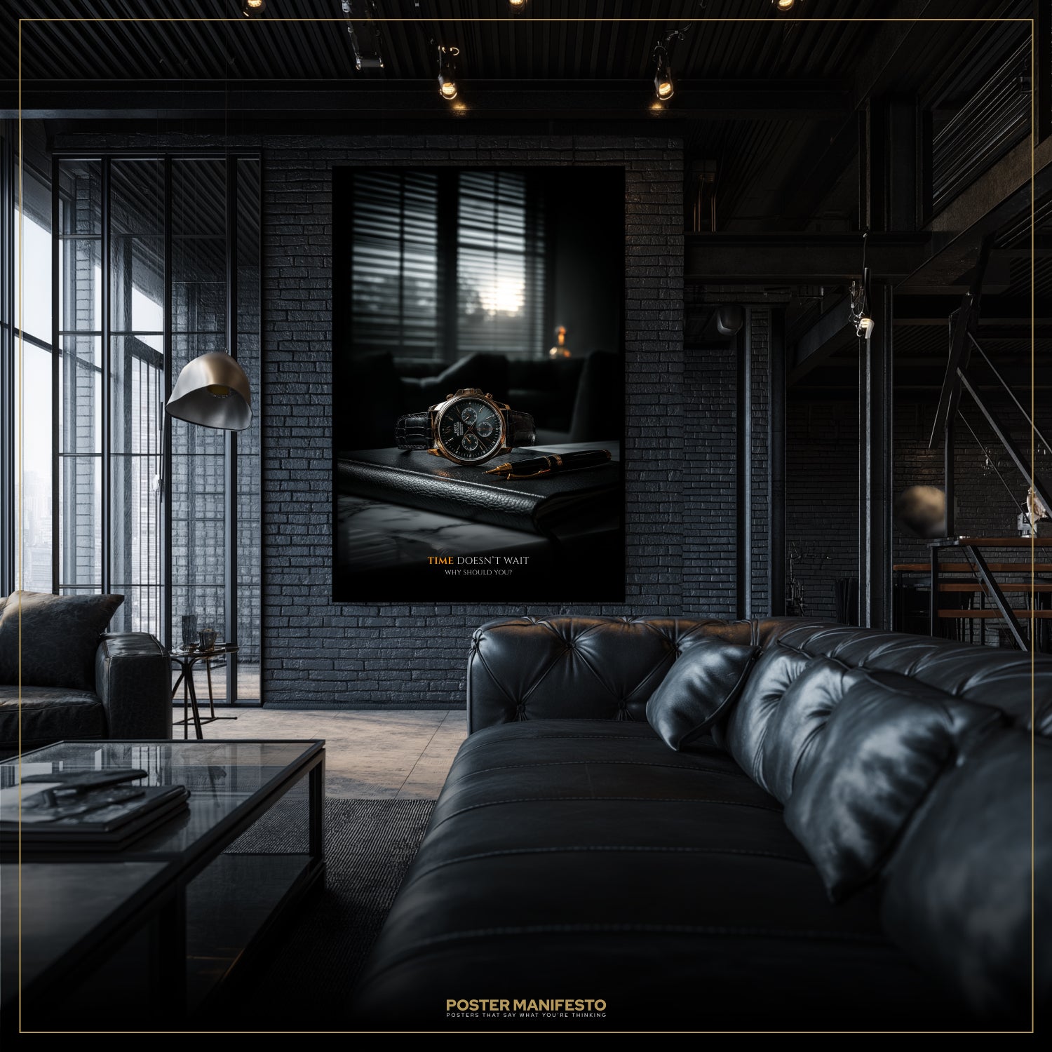 Modern living room with a dark leather sofa and a large framed poster on the wall.