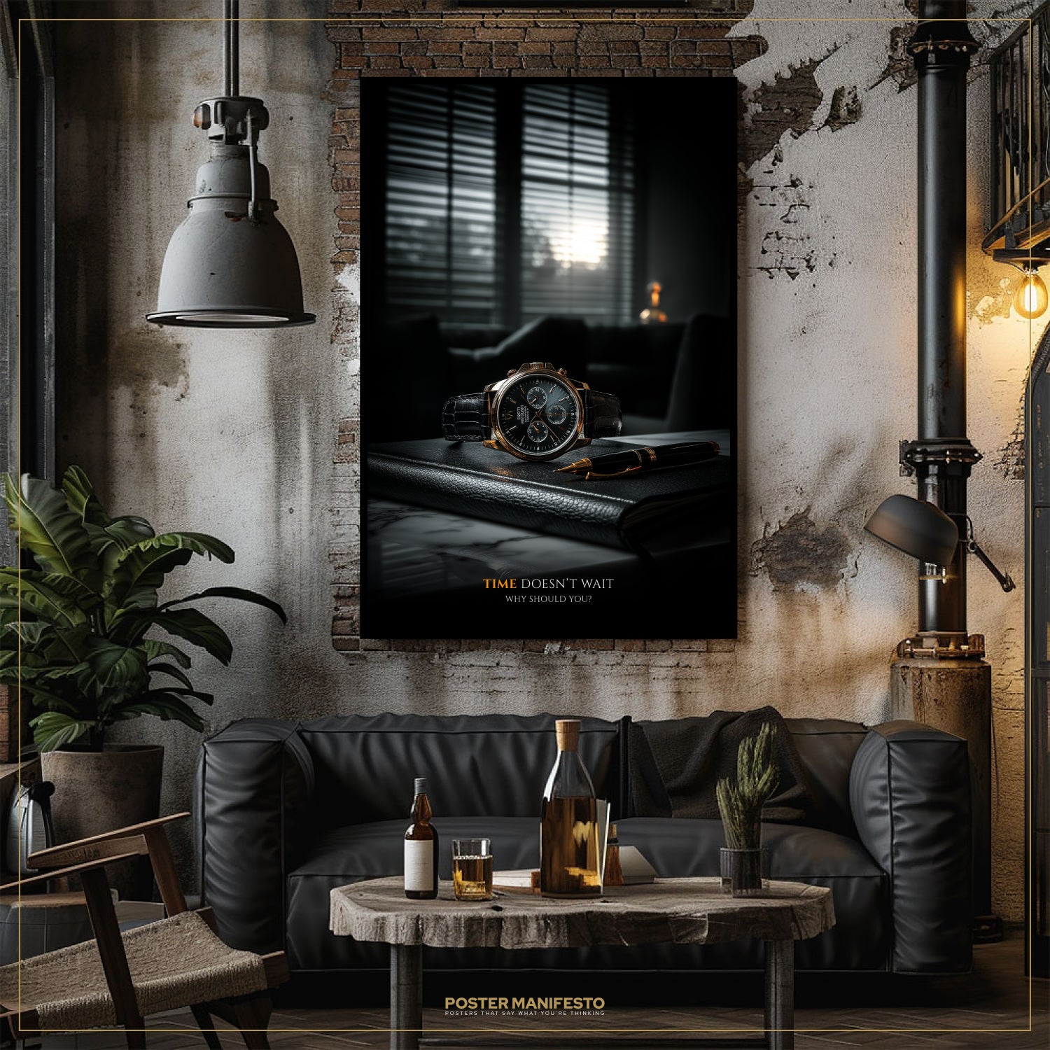 Modern living room with a black leather sofa, wooden coffee table, and wall art featuring a watch.