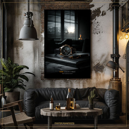 Modern living room with a black leather sofa, wooden coffee table, and wall art featuring a watch.