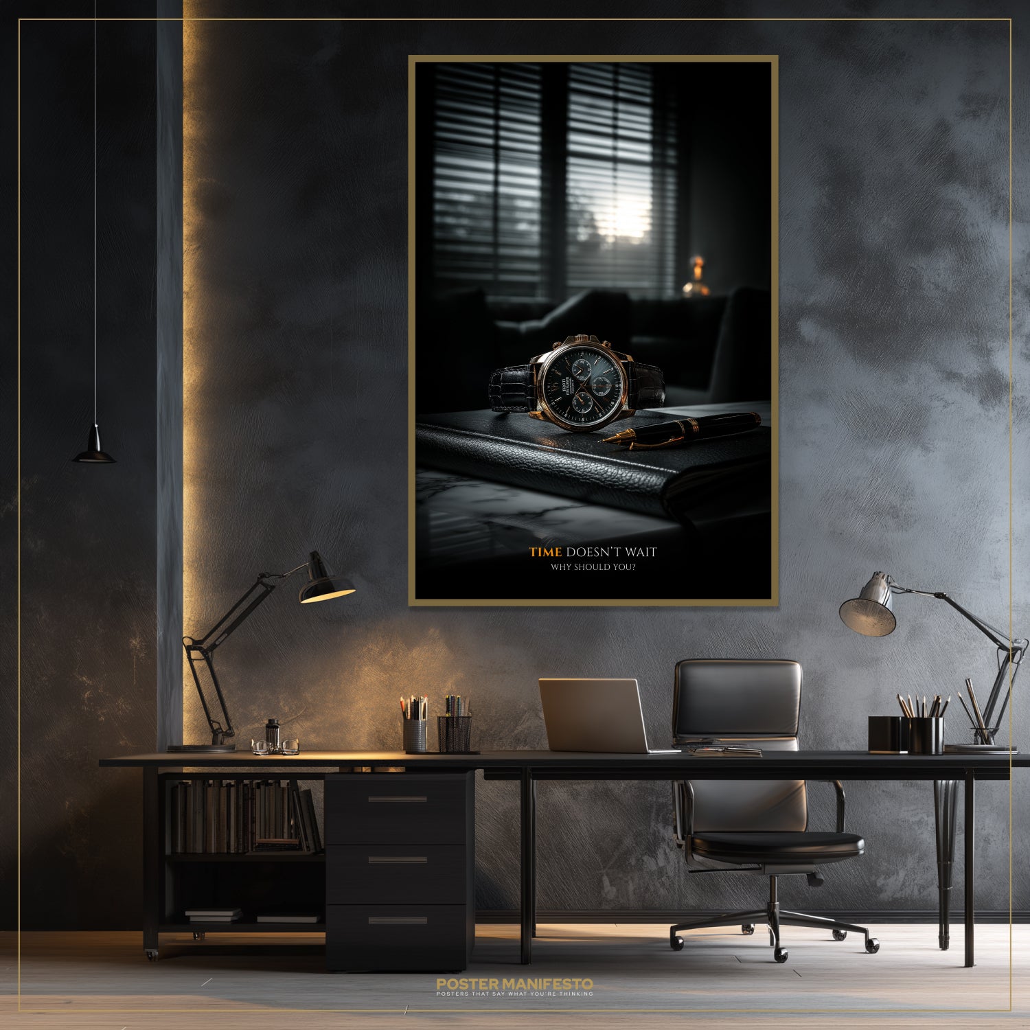 Modern office setup with a framed poster on the wall, featuring a watch and books.