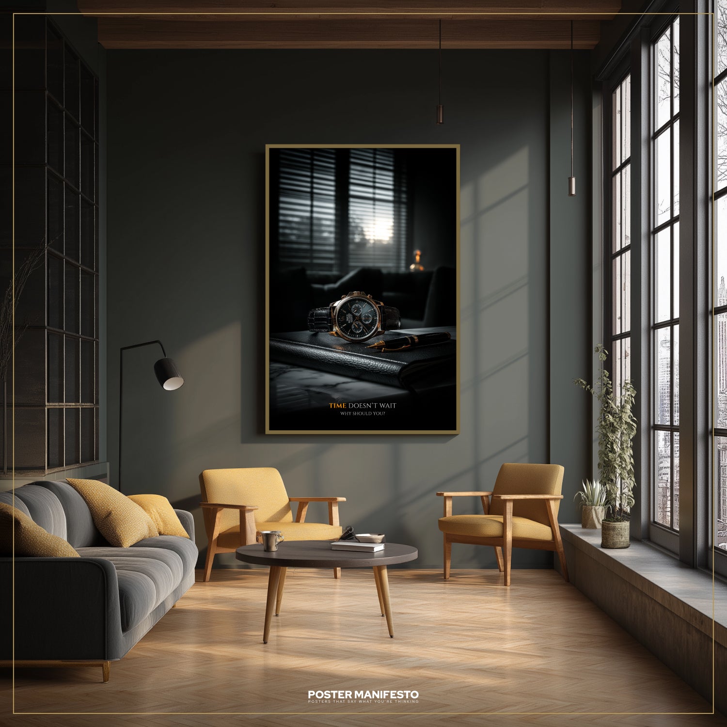 Modern living room with a dark gray wall, gray sofa, yellow chairs, and a framed poster.