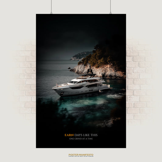 Motivational poster featuring a luxury white yacht anchored near a rocky coastline with turquoise waters, paired with the quote “Earn Days Like This – One Grind at a Time,” symbolizing ambition and success.