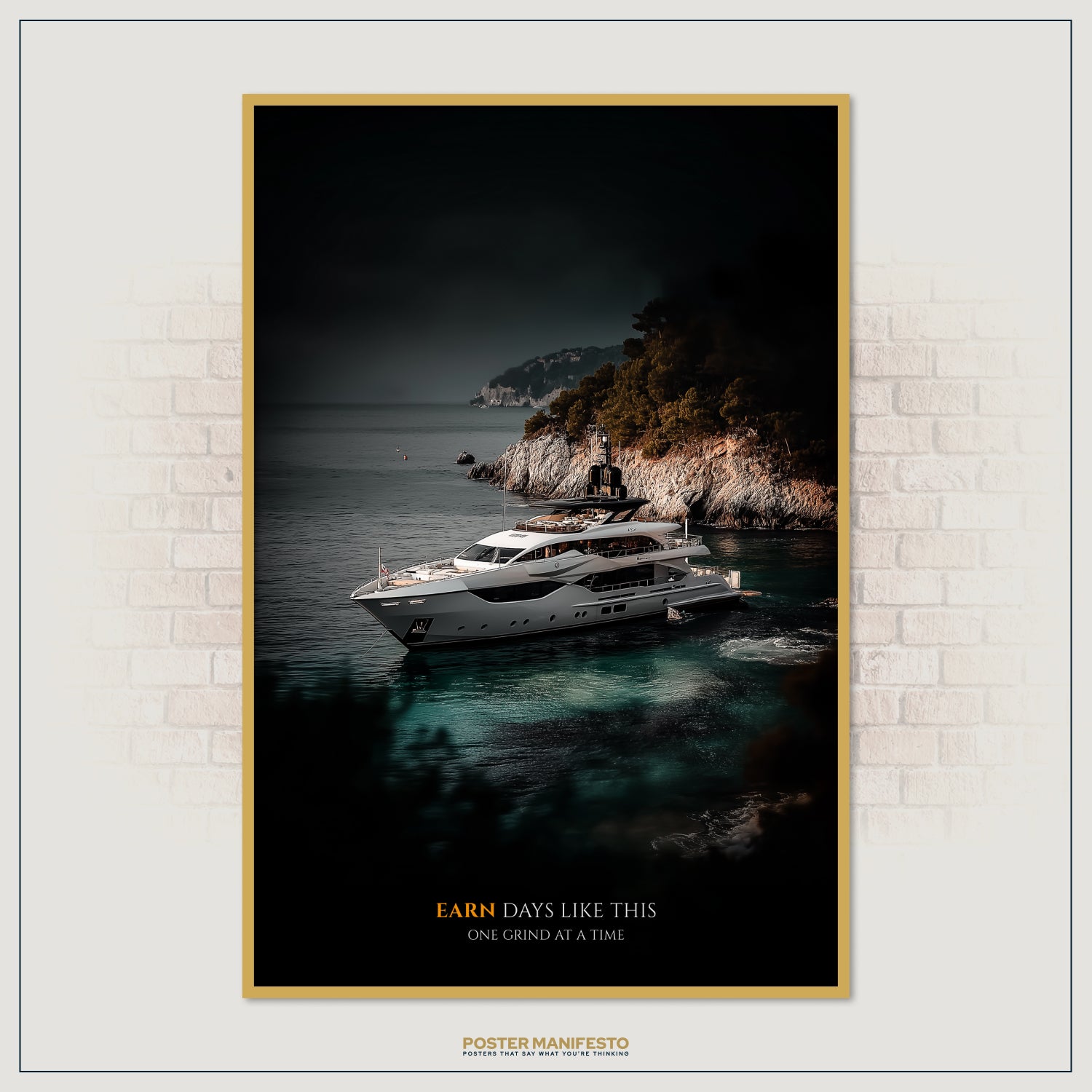 Inspirational décor showcasing a premium yacht lifestyle scene, reminding entrepreneurs and leaders that such rewards are earned one disciplined grind at a time.